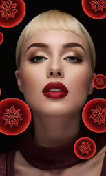 a woman with red makeup and long blond hair