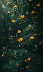 tree branches filled with yellow leaves and falling from them