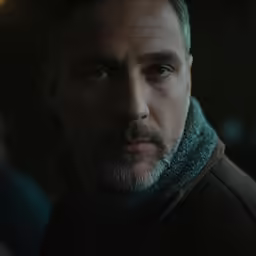 a man with a beard stares straight ahead