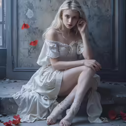 a young woman dressed in an elegant white dress