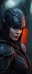 a woman in a helmet and horns poses for a photo