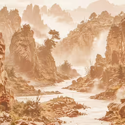 river near rocky landscape with misty fog