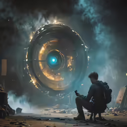 a guy sitting on the ground in front of a strange device