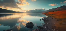 a lake near the shore where many rocks are laying