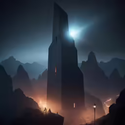 people are standing near a big tower with a bright light on it