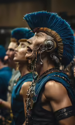 a group of performers in costume look on