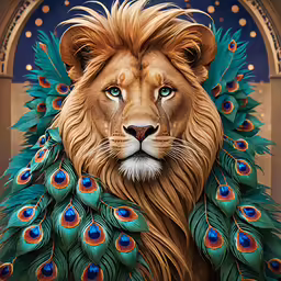 a lion with feather like decorations on its head and chest