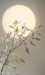 a small tree with flowers and foliage in front of a full moon