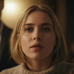 woman in a beige turtle neck sweater looking into camera