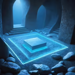 an underwater scene showing a lit up concrete box in the middle of an underground cave