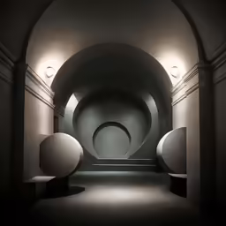 an empty hallway with white balls in the center