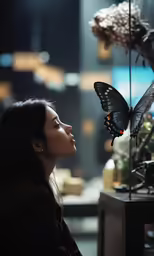 a woman looking at a butterfly in a glass display