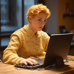 a woman in a sweater is looking at the computer screen