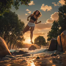 a woman in bikini is jumping off a large rock