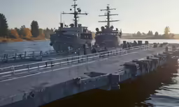 two large ships in the harbor with people on them