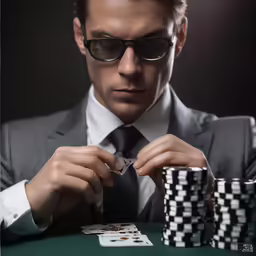 the young man with glasses is playing a card game