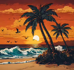 a painting of palm trees on the beach at sunset,this is an image of a beach scene