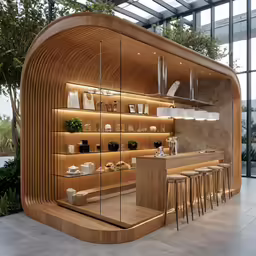 a wood and glass kitchen with a counter and bar