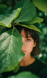 the woman is peaking her head out from a green tree