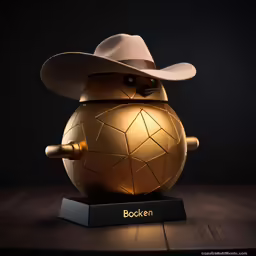 a gold apple with a cowboy hat sitting on top of it