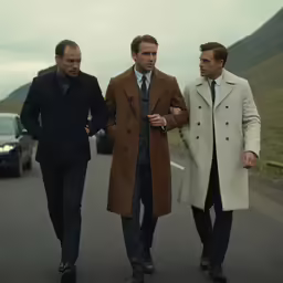 two men walking down the road while one of them wearing a coat