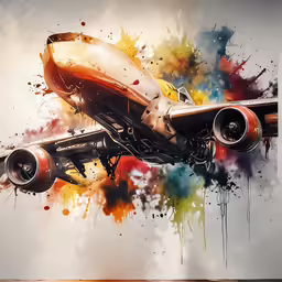 a colorful painting shows a large airplane with a large engine and landing gear