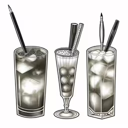 some cocktails and pens and ink drawings,pencil drawing of three cocktail glasses with different types of drinks