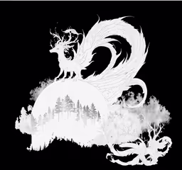 a white dragon in the night with a full moon behind it,an image of a white dragon flying above mountains and trees