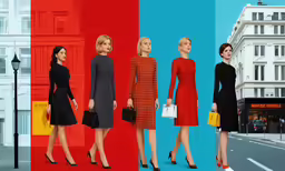 three identical images show a group of women in red, black and white outfits