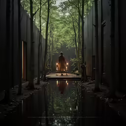 a man standing in the middle of a pond surrounded by trees