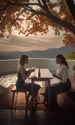 two women siting at a table and share a glass of wine