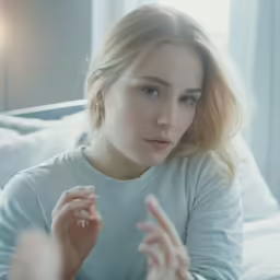 a young woman sitting in bed holding something