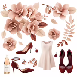 some items in a flower theme including wine bottles and shoes
