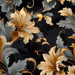 a floral wallpaper pattern with gold leaves and flowers