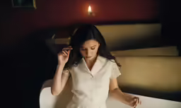a woman sitting on a white couch in the dark
