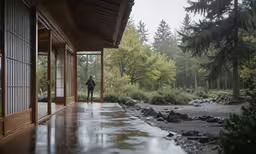 a person walking on the walkway into a house