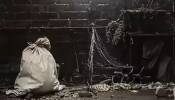 a bag sitting by a fence next to a wire fence