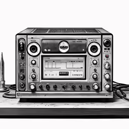 an old stereo recorder with four different speakers on top of it