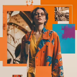 woman in orange and blue jacket standing against large collage