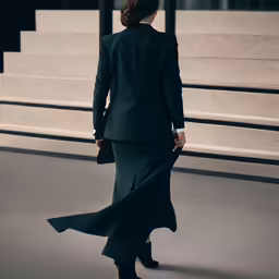 a woman standing on the sidewalk in a black suit