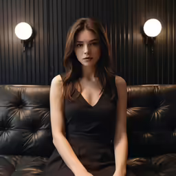 the beautiful woman is sitting on a couch