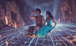 the man and woman are flying through the air