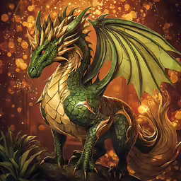 a green and gold dragon standing on top of a piece of wood
