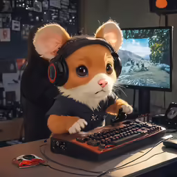an adorable little dog wearing headphones and sitting at a computer