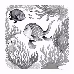 a pencil drawing of various fish in a sea,black and white illustration of two fish in seaweed