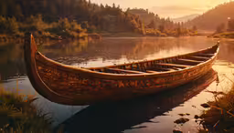 there is an old boat on the water,a wooden boat sitting on top of a river