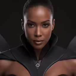 the woman in batman cosplay, which is wearing black leather, poses for a studio