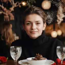 a woman with a smile at a table set with glasses, plate and utensils