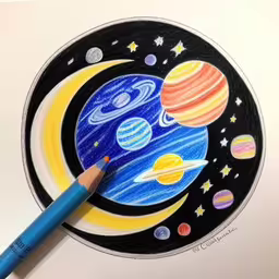 a drawing of planets and stars in a black and white circle