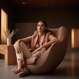 woman sitting on bean chair next to potted plant